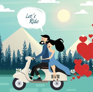 romantic background couple riding scooter cartoon design