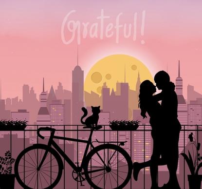 romantic background couple silhouette cityscape backdrop