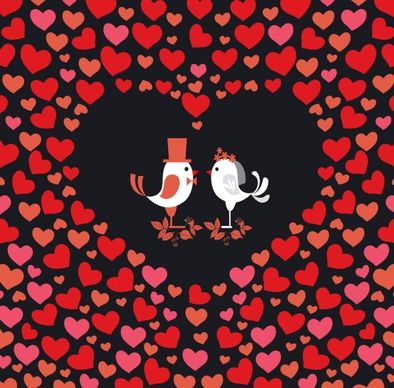 romantic hearts background bird icons stylized cartoon design