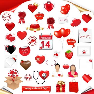 valentine design elements shiny red romance symbols sketch