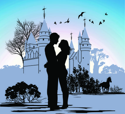 romantic of city with people silhouettes vector