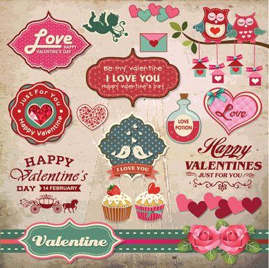 romantic valentine retro labels and decor vector