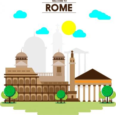rome promotion banner famous buildings on vignette background