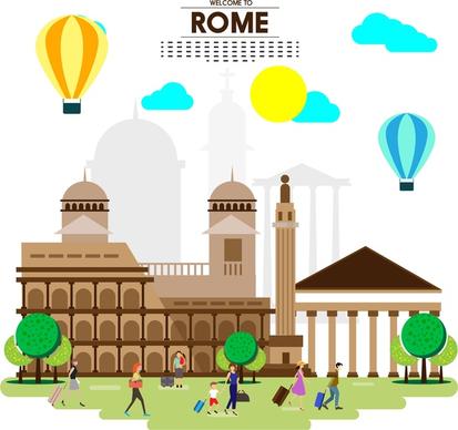 rome tourism banner with buildings tourists and balloons
