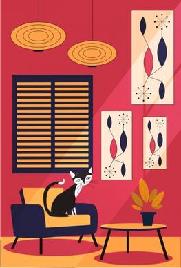 room decoration drawing furniture cat icons colored cartoon