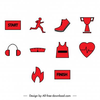 running sports icons sets flat red symbols sketch