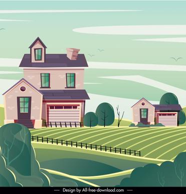 rural landscape background field houses sketch classic design