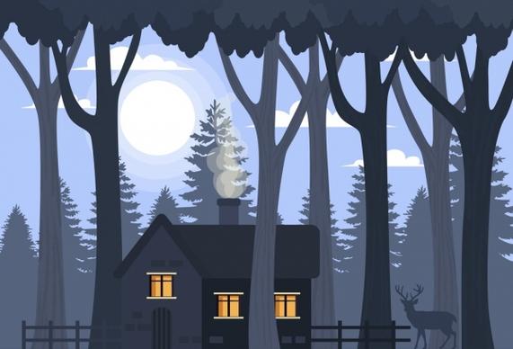 rural landscape drawing cottage trees moon icons
