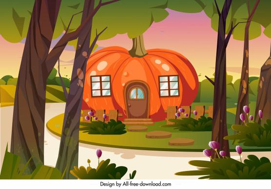 rural residential landscape painting pumpkin house cartoon sketch