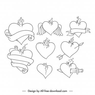 sacred heart icons collection flat handdrawn outline 