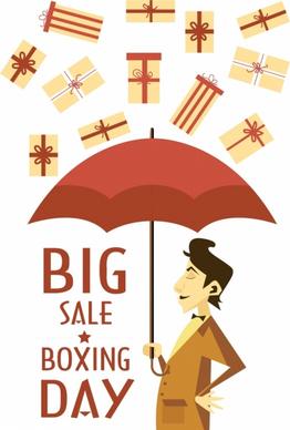sale banner template man umbrella falling gifts icons