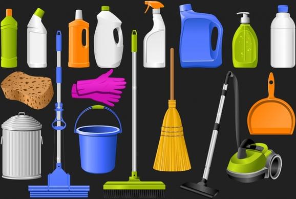 cleaning tools icons modern colored 3d sketch