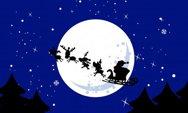 christmas background flying santa reindeer moonlight icons
