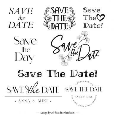 save the date wedding design elements classical black white calligraphic texts decor