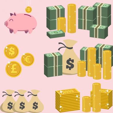 savings design elements piggy bank coin money icons