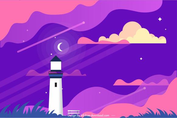 scenic painting night sky lighthouse decor colorful flat