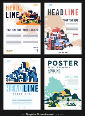 scenic poster templates grunge classic decor houses sketch