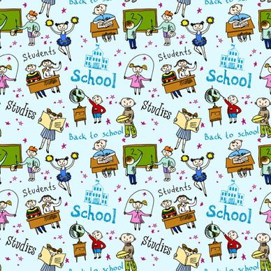 school elements with students seamless pattern vector