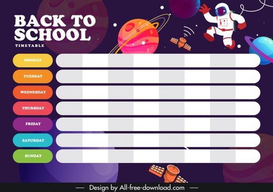school timetable template astronaut satellite planets sketch 