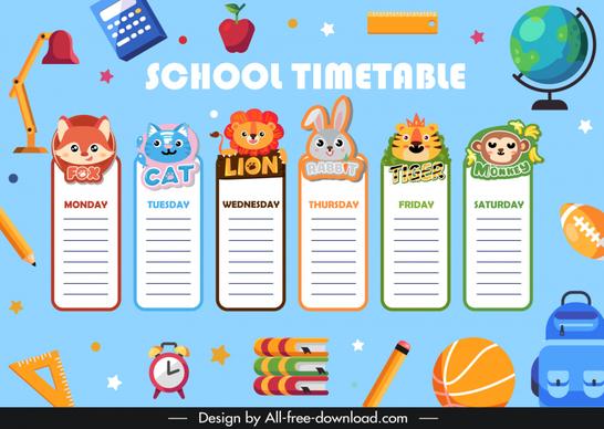 school timetable template colorful cute animals school elements flat sketch