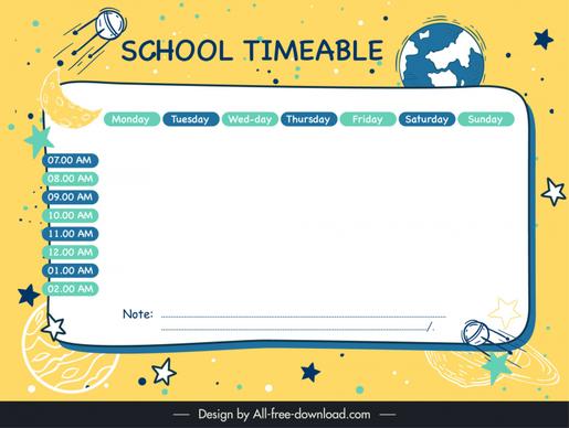 school timetable template flat dynamic classical handdrawn universe elements sketch