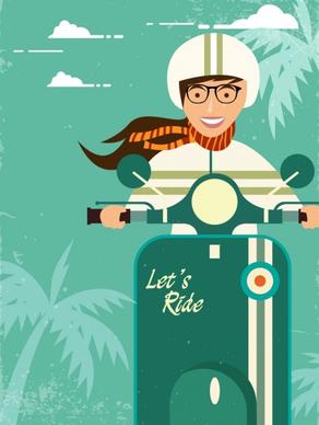 scooter advertisement riding girl icon retro decoration