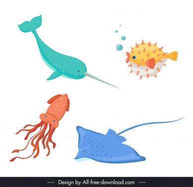 sea animals design elements cute dynamic cartoon 