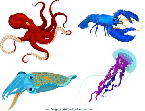 sea animals icons octopus lobster squid jellyfish outline