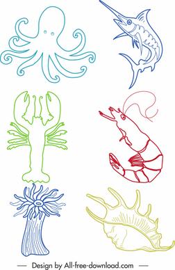 sea creatures icons colored handdrawn outline
