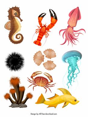 sea creatures icons colorful modern sketch