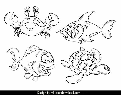 sea creatures icons funny sketch black white handdrawn