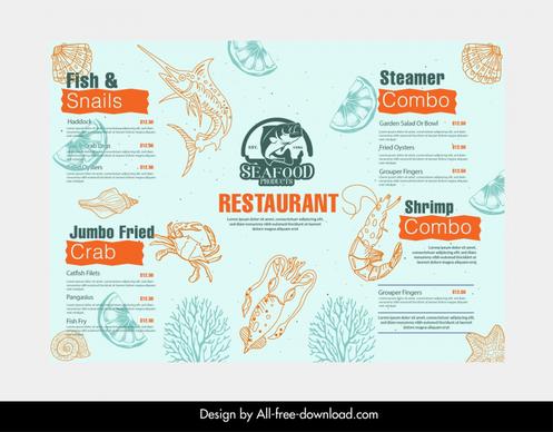  sea food menu template flat handdrawn species 