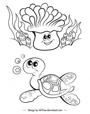 sea species icons coral turtle sketch stylized handdrawn