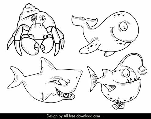 sea species icons crab shark whale fish sketch