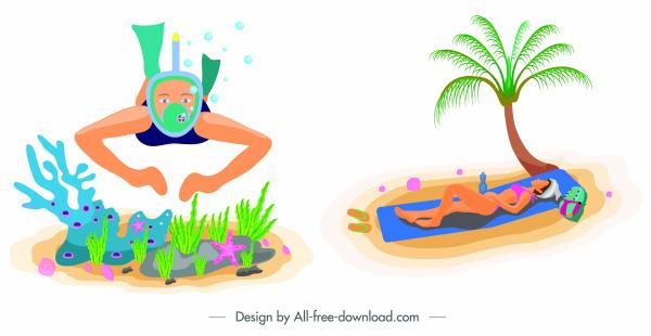 sea travel icons snorkeling sunbathing woman sketch