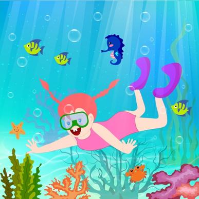 sea vacation background diving girl sea creatures icons