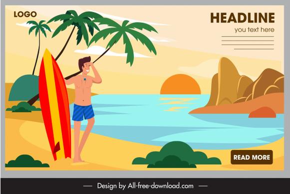 sea vacation poster man surfboard sketch cartoon design