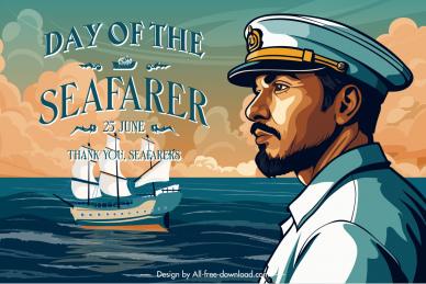   seafarer day poster template classic pilot cartoon sea scene