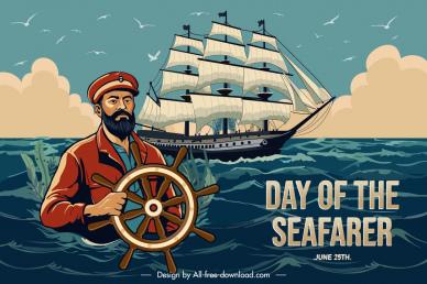  seafarer day poster template dynamic cartoon pilot vessel sea scene
