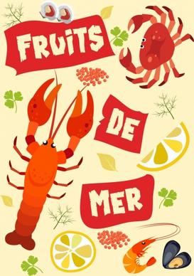 seafood background multicolored species icons decoration