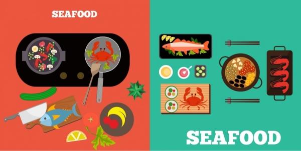 seafood background sets multicolored flat design
