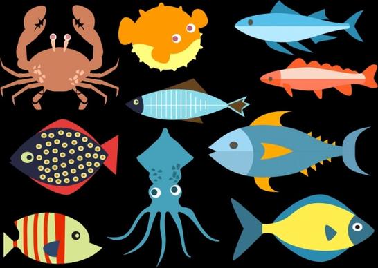 seafood icons collection dark colored flat design