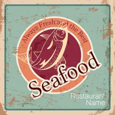 seafood restaurant advertising grunge retro design fish icon
