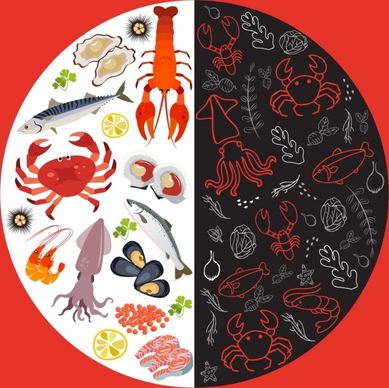 seafoods background multicolored circle layout