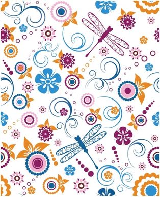 Seamless Dragonfly and Floral Pattern