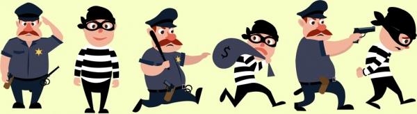 security design elements policeman thief icons cartoon design