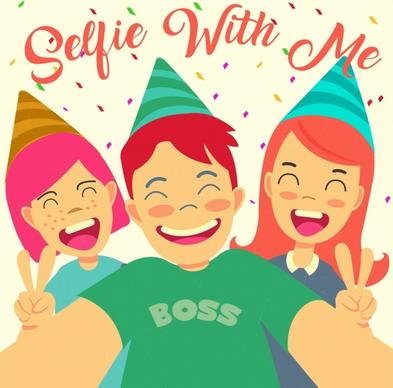 selfie banner joyful youth icons cartoon design