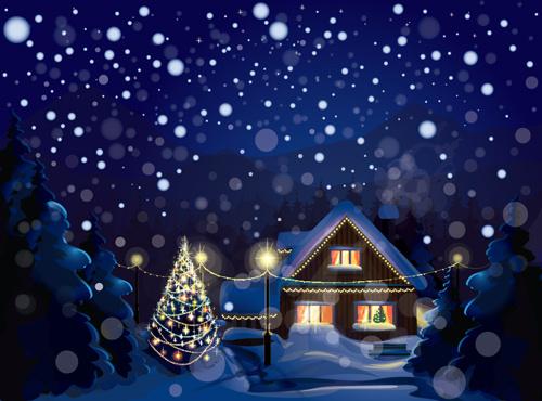 set of christmas night landscapes elements vector