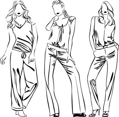 set of fashion girl pencil sketch vector