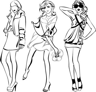 set of fashion girl pencil sketch vector